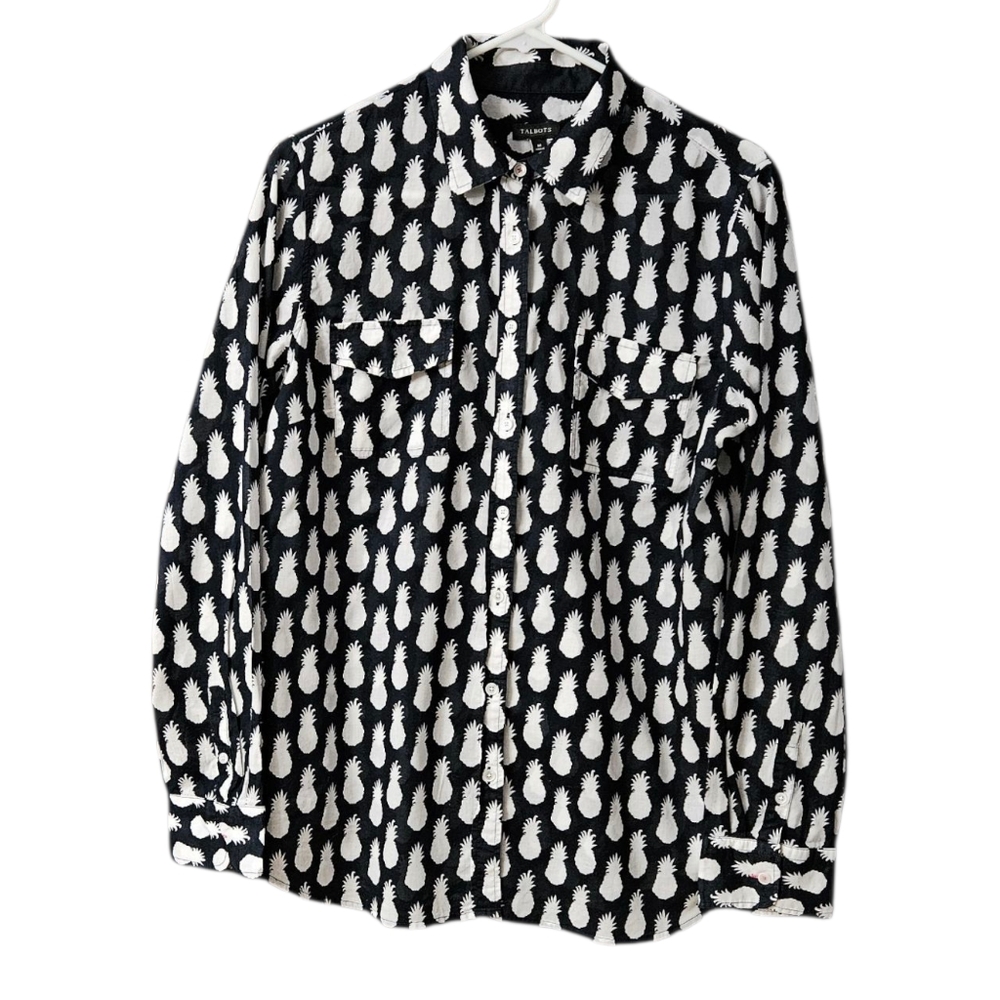 Talbots Long Sleeve Button Up Shirt Pineapple Print Women's Medium White Black